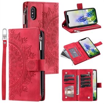 För iPhone X / XS 5,8 tum Mandala Flower Imprinted PU Läder Plånbok Telefonfodral Flera kortplatser Magnetisk stängning Dragkedja ficka Handväska Stand Flip Cover med rem