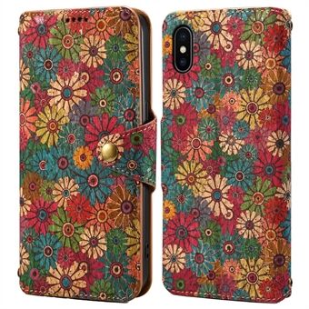 För iPhone X / XS-fodral av läder, plånboksfodral med tryck av säsongens blommor.