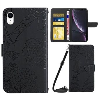 For iPhone XR  Stand Phone Case PU Leather Imprinting Butterflies Flower Pattern Wallet Shell with Shoulder Strap