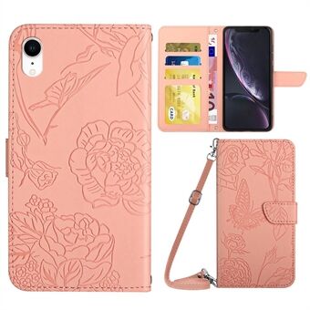 For iPhone XR  Stand Phone Case PU Leather Imprinting Butterflies Flower Pattern Wallet Shell with Shoulder Strap