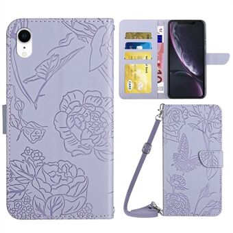 For iPhone XR  Stand Phone Case PU Leather Imprinting Butterflies Flower Pattern Wallet Shell with Shoulder Strap