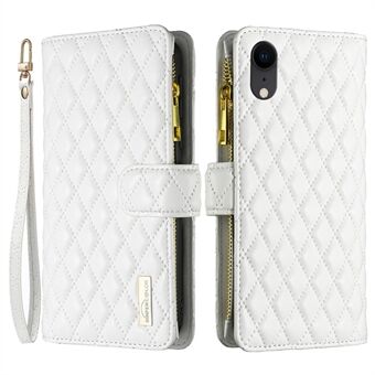 BINFEN COLOR BF Style-15 Fodral med blixtlåsficka för iPhone XR , PU- Stand Plånbok Matt Rhombus med tryckt telefonfodral