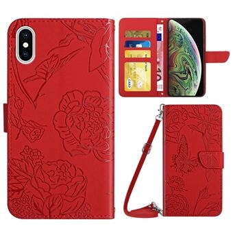 For iPhone XS Max  Skin-touch Leather Cover Imprinting Butterflies Flower Pattern Wallet Stand Phone Case with Shoulder Strap