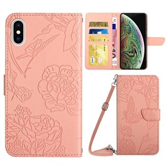 For iPhone XS Max  Skin-touch Leather Cover Imprinting Butterflies Flower Pattern Wallet Stand Phone Case with Shoulder Strap