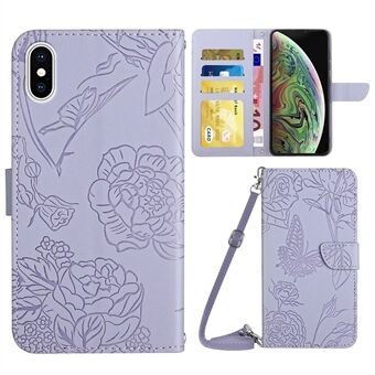 For iPhone XS Max  Skin-touch Leather Cover Imprinting Butterflies Flower Pattern Wallet Stand Phone Case with Shoulder Strap