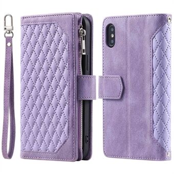 005 Style Läderfodral med rem för iPhone XS Max , Rhombus Texture Zipper Pocket Telefonskydd med Stand