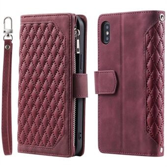 005 Style Läderfodral med rem för iPhone XS Max , Rhombus Texture Zipper Pocket Telefonskydd med Stand