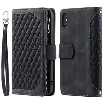 005 Style Läderfodral med rem för iPhone XS Max , Rhombus Texture Zipper Pocket Telefonskydd med Stand