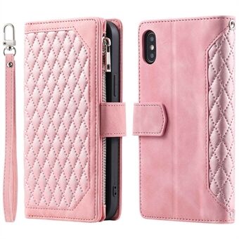 005 Style Läderfodral med rem för iPhone XS Max , Rhombus Texture Zipper Pocket Telefonskydd med Stand