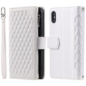 005 Style Läderfodral med rem för iPhone XS Max , Rhombus Texture Zipper Pocket Telefonskydd med Stand