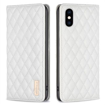 BINFEN COLOR BF Style-16 för iPhone XS Max 6,5 tum Anti-fall Rhombus tryckt PU-läderställ Stand Korthållare Design Autostängande magnetiskt telefonskydd