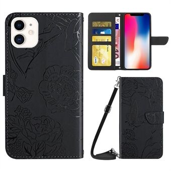 Butterfly Flowers Imprinting Phone Case for iPhone 11  PU Leather Phone Shell Hands-free Stand Wallet Case with Shoulder Strap