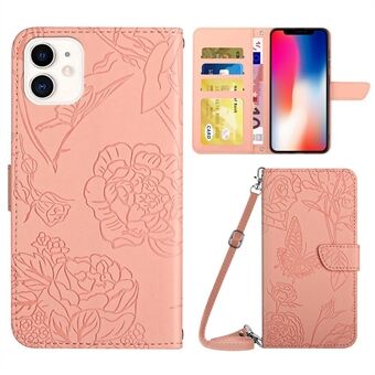 Butterfly Flowers Imprinting Phone Case for iPhone 11  PU Leather Phone Shell Hands-free Stand Wallet Case with Shoulder Strap