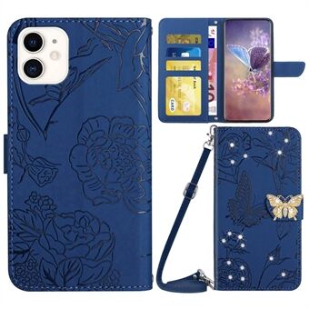 Rhinestone Decor PU-läderfodral för iPhone 11 , Butterfly Flowers Imprinted Stand Plånbok Skin-touch telefonfodral med axelrem