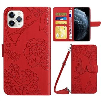 Wallet Phone Case for iPhone 11 Pro Max  PU Leather Butterfly Flowers Imprinting Phone Shell Shockproof Stand Case with Shoulder Strap