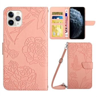 Wallet Phone Case for iPhone 11 Pro Max  PU Leather Butterfly Flowers Imprinting Phone Shell Shockproof Stand Case with Shoulder Strap