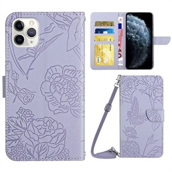 Wallet Phone Case for iPhone 11 Pro Max  PU Leather Butterfly Flowers Imprinting Phone Shell Shockproof Stand Case with Shoulder Strap