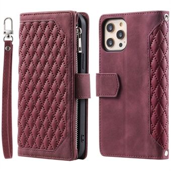 005 Style Zipper Pocket Stand Fodral för iPhone 11 Pro Max , PU-läderplånbok Rhombus Texture Phone Shell Protector med handledsrem