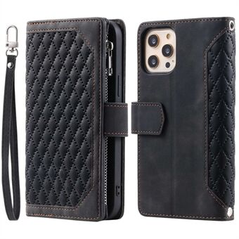 005 Style Zipper Pocket Stand Fodral för iPhone 11 Pro Max , PU-läderplånbok Rhombus Texture Phone Shell Protector med handledsrem