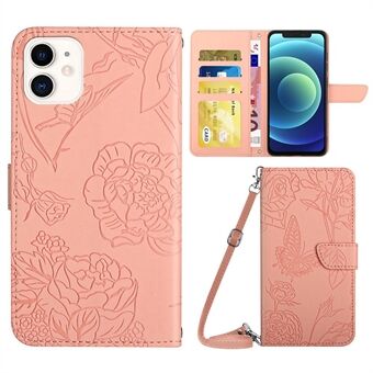 PU Leather Phone Shell for iPhone 12 mini  Butterfly Flowers Imprinting Protective Case Scratch Resistant Stand Wallet Case with Shoulder Strap