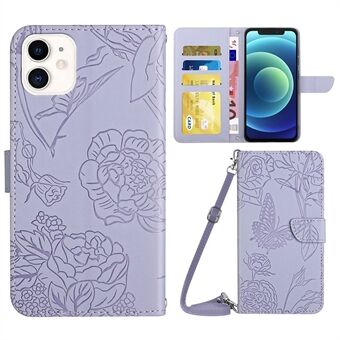 PU Leather Phone Shell for iPhone 12 mini  Butterfly Flowers Imprinting Protective Case Scratch Resistant Stand Wallet Case with Shoulder Strap