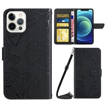 For iPhone 12/12 Pro  Protective Case Butterfly Flowers Imprinted PU Leather Folio Flip Cover Anti-Scratch Stand Wallet Case with Shoulder Strap