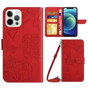 For iPhone 12/12 Pro  Protective Case Butterfly Flowers Imprinted PU Leather Folio Flip Cover Anti-Scratch Stand Wallet Case with Shoulder Strap