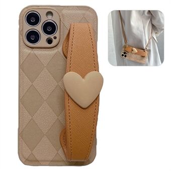 För iPhone 12 Pro 6,1 tum Love Heart Armband Stötdämpande Rhombus präglad PU-läderbelagd PC+TPU-telefonskydd Bakskal med axelrem