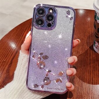 Gradient Glitter Powder Skyddsfodral för iPhone 12 Pro 6,1 tum, blommönster Rhinestone Decor Mjukt TPU Anti-droppfodral