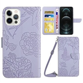 Shockproof Phone Case for iPhone 12 Pro Max  PU Leather Butterfly Flowers Imprinting Folio Flip Cover Wallet Stand Case with Shoulder Strap