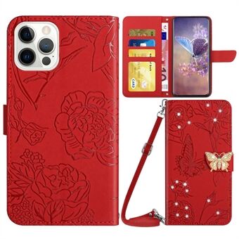 För iPhone 12 Pro Max  Butterfly Flowers Imprinted Strass Decor Telefonskydd Plånbok Horisontellt Stand Läderfodral med axelrem