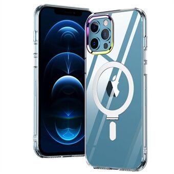 För iPhone 12 Pro Max 6,7 tum Stötsäkert telefonfodral Kickstand Upphöjd kameraram Klar magnetisk galvaniseringsdesign PC+TPU-telefonfodral