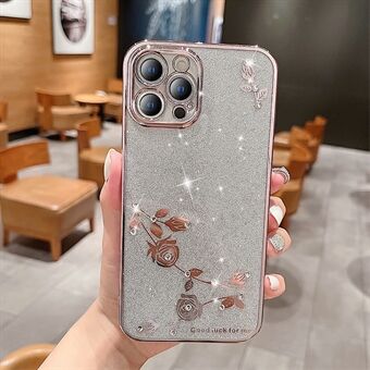 För iPhone 12 Pro Max 6,7 tum Rhinestone Decor Elektroplering Telefonfodral Blommönster Dekor Glitter Powder TPU-skal