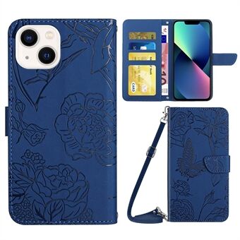 For iPhone 13  Skin-soft Touch PU Leather Folio Wallet Case Imprinted Butterfly Flower Pattern Stand Magnetic Protect Flip Cove with Shoulder Strap