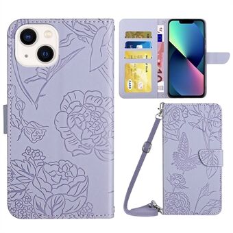 For iPhone 13  Skin-soft Touch PU Leather Folio Wallet Case Imprinted Butterfly Flower Pattern Stand Magnetic Protect Flip Cove with Shoulder Strap