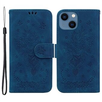 For iPhone 13  Phone Cover Imprinting Roses Butterflies Pattern Shockproof Leather Full Coverage Scratch Resistant Phone Case Wallet Stand