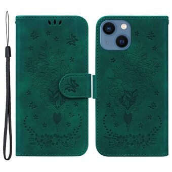 For iPhone 13  Phone Cover Imprinting Roses Butterflies Pattern Shockproof Leather Full Coverage Scratch Resistant Phone Case Wallet Stand