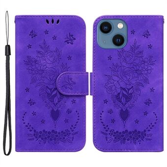 For iPhone 13  Phone Cover Imprinting Roses Butterflies Pattern Shockproof Leather Full Coverage Scratch Resistant Phone Case Wallet Stand