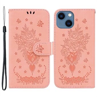 For iPhone 13  Phone Cover Imprinting Roses Butterflies Pattern Shockproof Leather Full Coverage Scratch Resistant Phone Case Wallet Stand