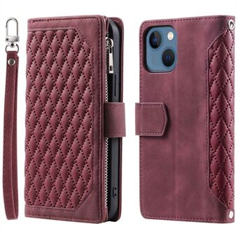 005 Style Wallet Rhombus Texture Stand för iPhone 13 , dragkedjeficka PU-läder Telefonställsfodral med handledsrem