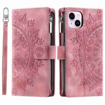 För iPhone 13 6,1 tums tryckt Mandala Flower Cover Flera kortplatser PU-läder Telefonfodral Stand Blixtlåsficka Plånbok med rem