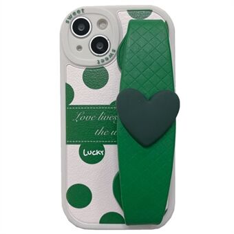 För iPhone 13 6,1 tum Gröna prickmönster PU-läderbelagd TPU-telefonfodral Baksida med Love Heart Armband