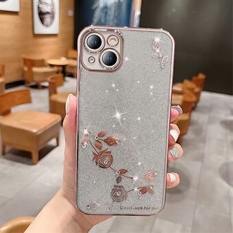 För iPhone 13 6,1 tum Blommönsterdekor Strass galvanisering Glitterpulver Droppsäkert mobiltelefonfodral Mjukt TPU-telefonfodral