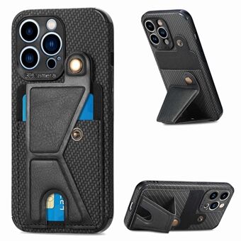 K-shape Kickstand Leather Coated TPU Case for iPhone 13 Pro , Carbon Fiber Texture Phone Cover with Card Holder and Built-in Metal Sheet