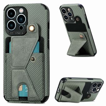 K-shape Kickstand Leather Coated TPU Case for iPhone 13 Pro , Carbon Fiber Texture Phone Cover with Card Holder and Built-in Metal Sheet