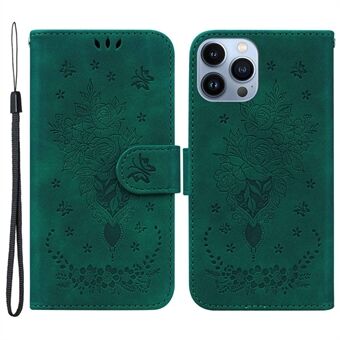 For iPhone 13 Pro  PU Leather Phone Cover with Strap Imprinting Roses Butterflies Pattern Shockproof Phone Case Impact-resistant Wallet Stand Cover