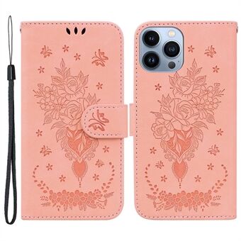 For iPhone 13 Pro  PU Leather Phone Cover with Strap Imprinting Roses Butterflies Pattern Shockproof Phone Case Impact-resistant Wallet Stand Cover