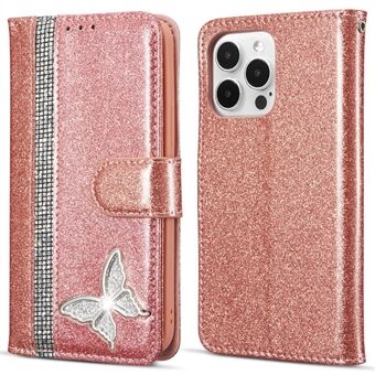 För iPhone 13 Pro Glitter Läderfodral med Metalldiamant Smörig Plånboksstativskydd