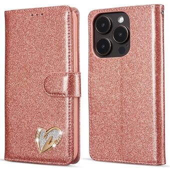 För iPhone 13 Pro Glitter Läderfodral med Diamantkärleks Hjärtplånbok Stativ Flip Cover