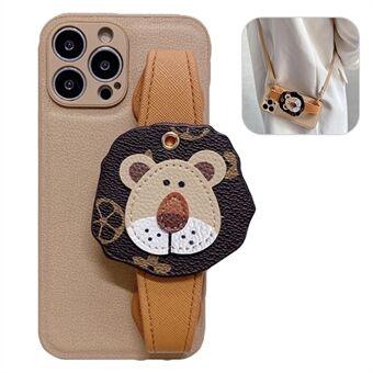 För iPhone 13 Pro 6,1 tum Cartoon Lion Armband Bakstycke Fallskydd PU-läderbelagt TPU-skal med axelrem